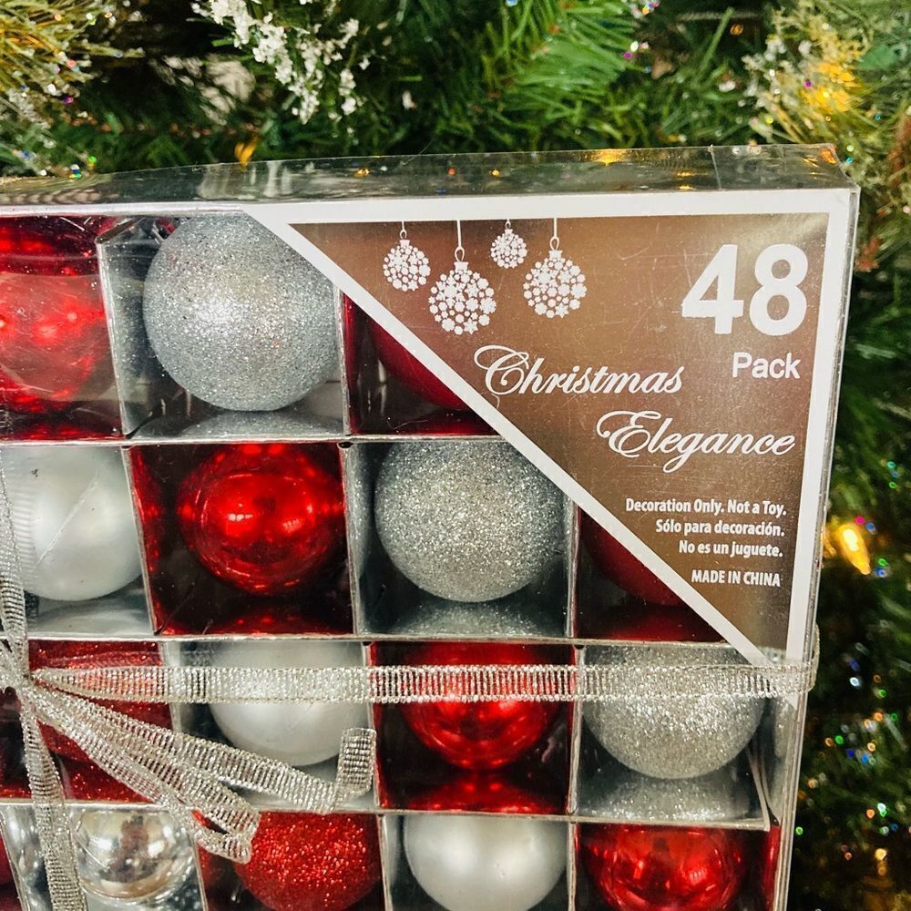 NWT 48-pc Christmas Ball Ornaments Red Silver - Picture 3 of 4